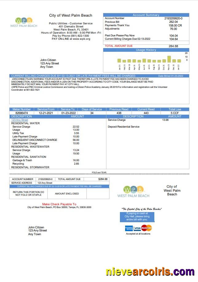 USA Florida City of West Palm Beach utility bill